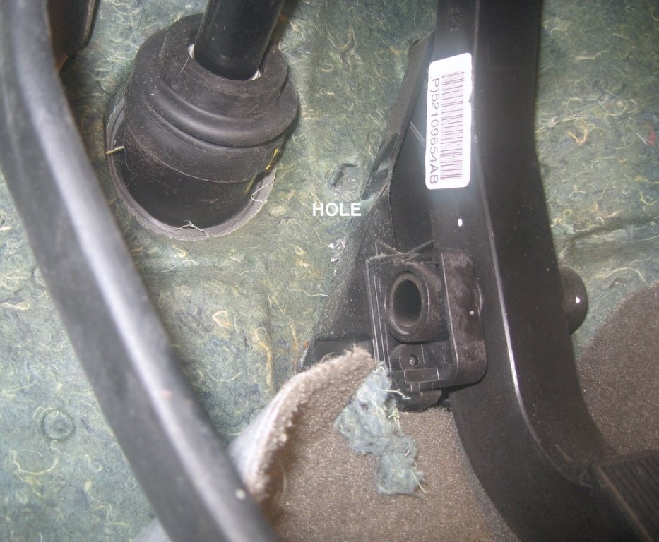 Firewall penetration near the brake pedal.