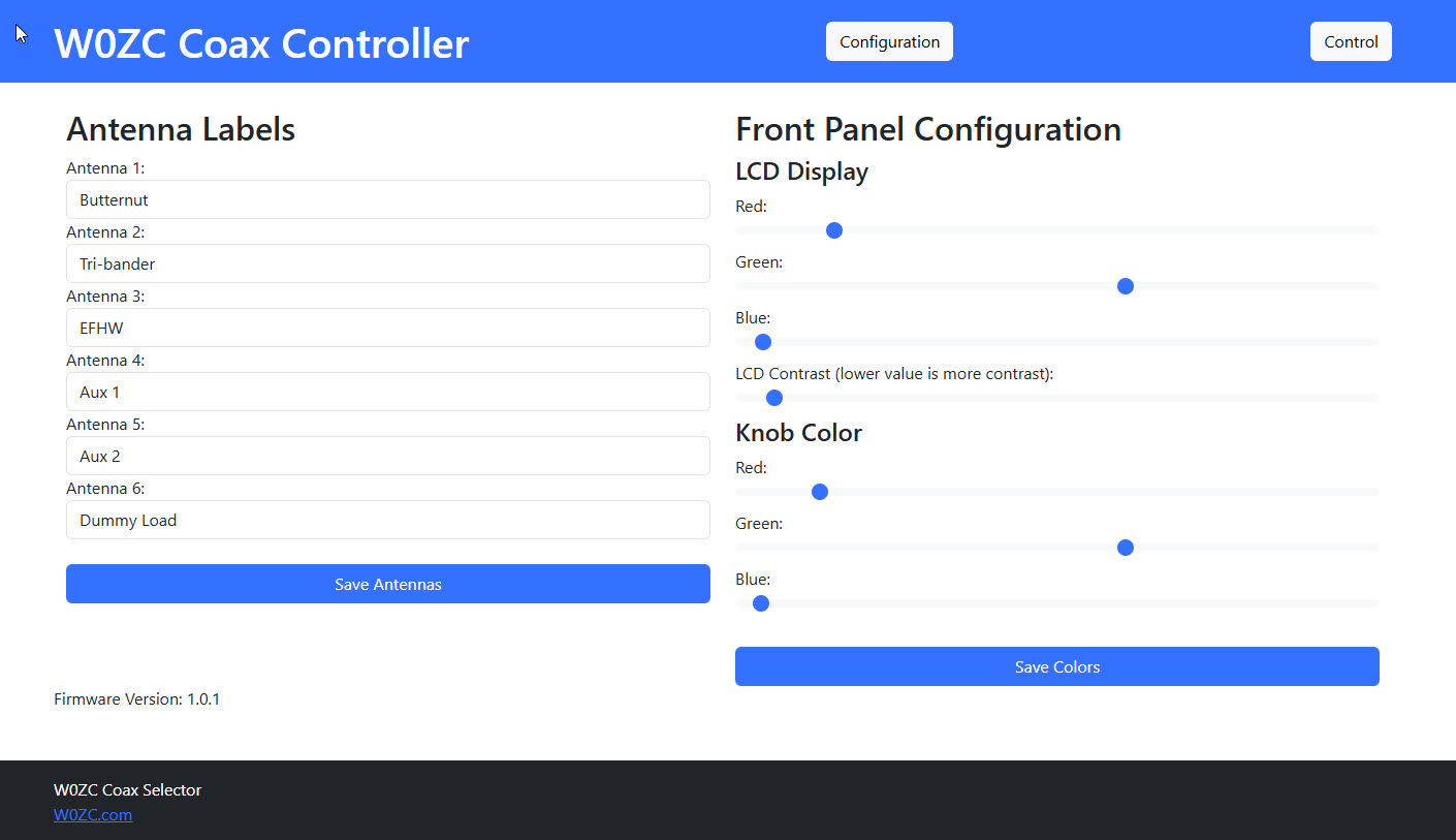 The configuration page of the web interface, showing how the antennas can be renamed, and the front panel controls can adjust their color.