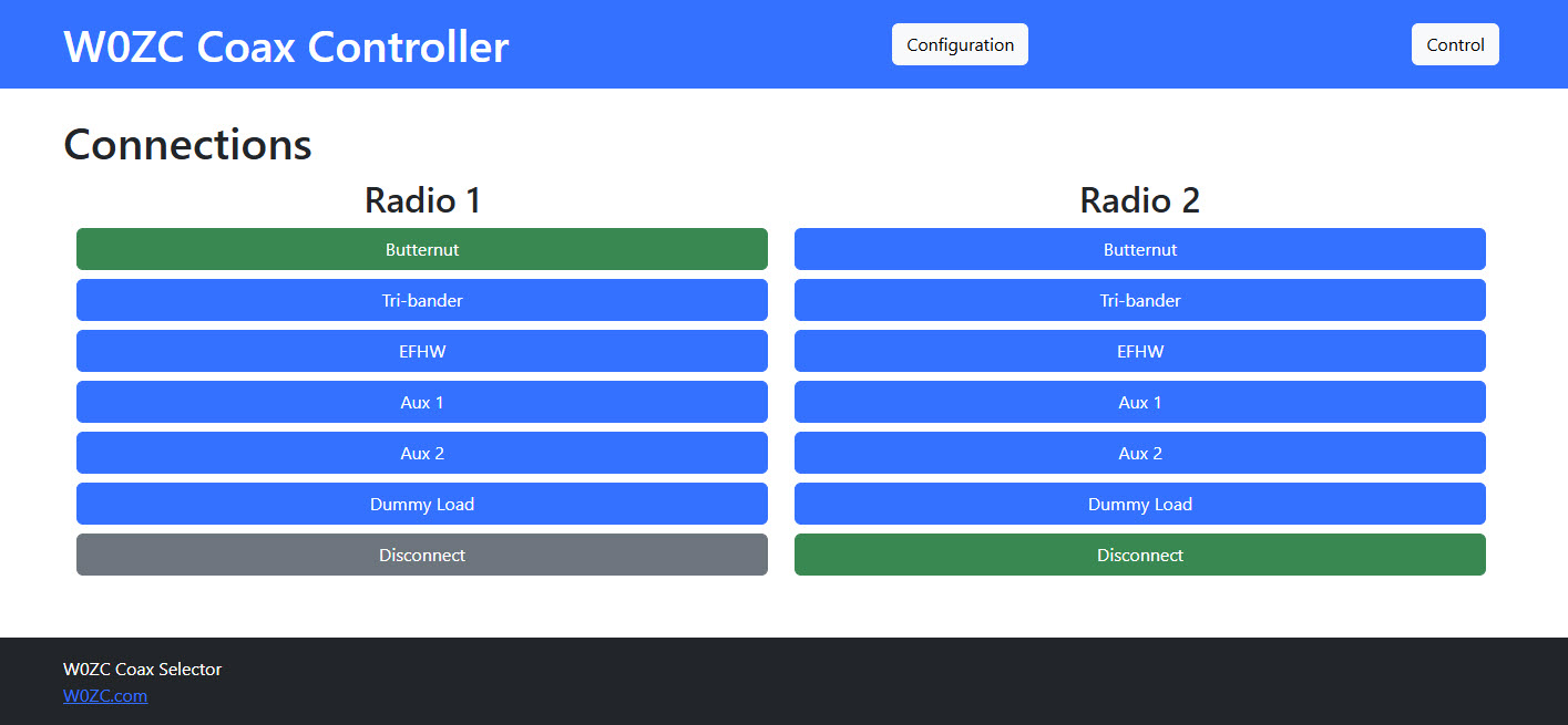 The operating screen of the web interface to the relay controller.