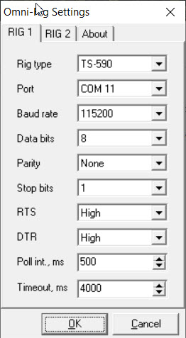 Omni-Rig settings for the TS-590, including the 115200 baud rate.