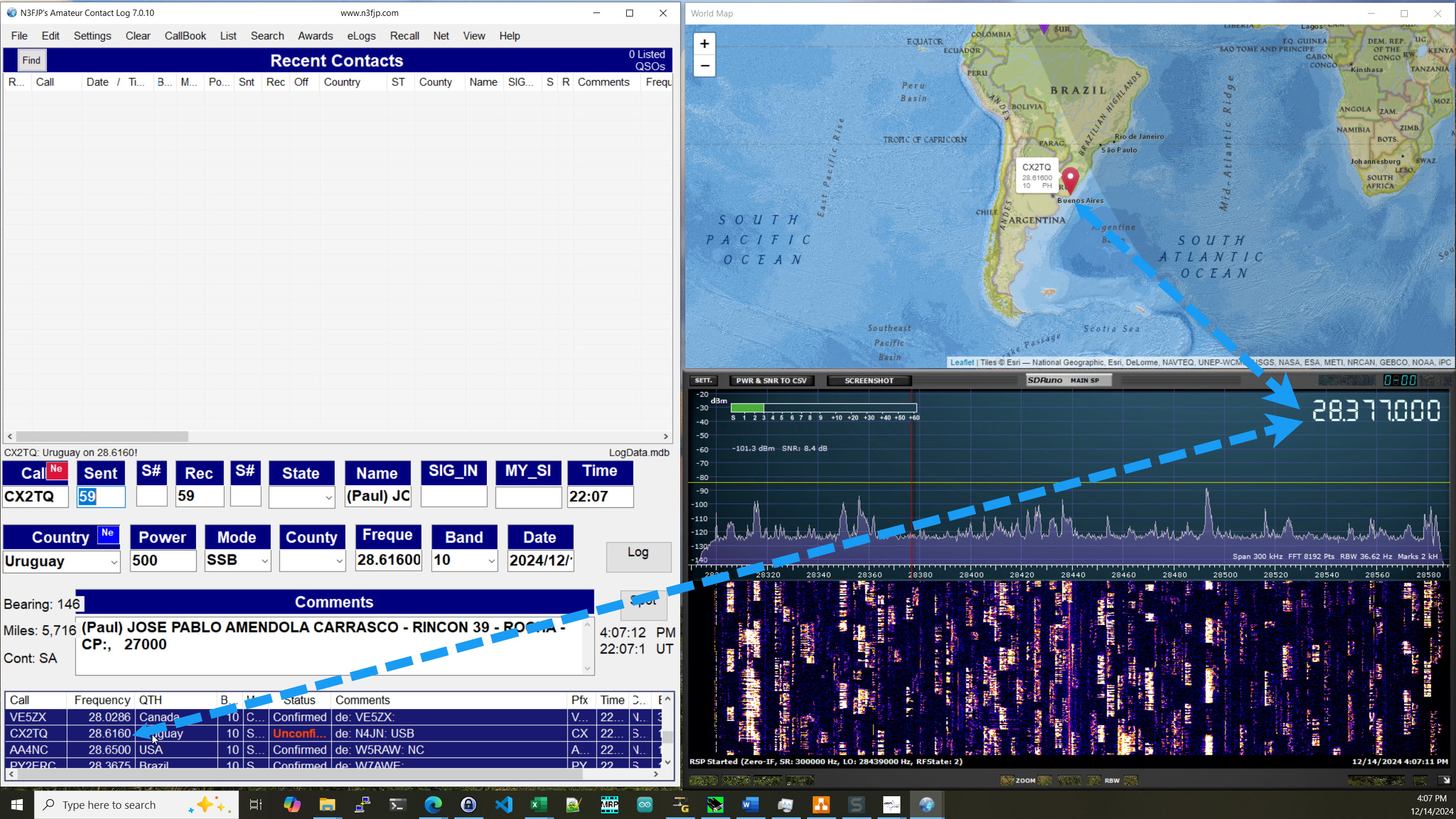 My operating monitor showing the logging software which lists the DX spots, and how it updates the frequency in the radio and the SDRuno.