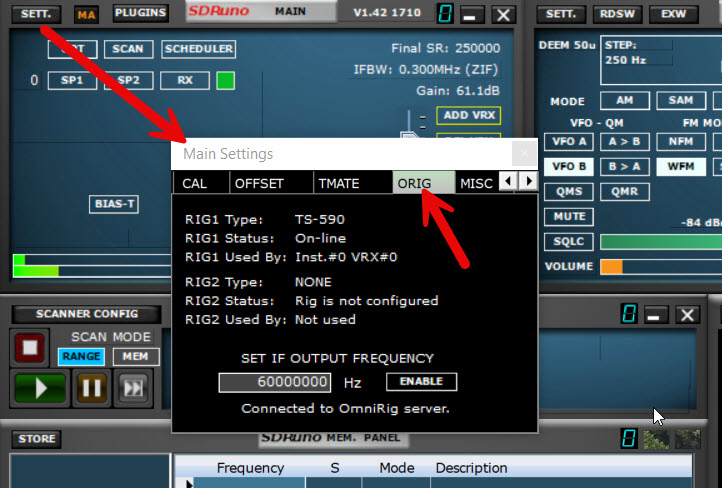 Opening Settings inside the SDRuno Main window and selecting ORIG.