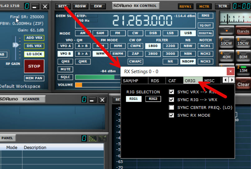 Opening the Settings window inside the RX Control window, and selecting the ORIG tab.