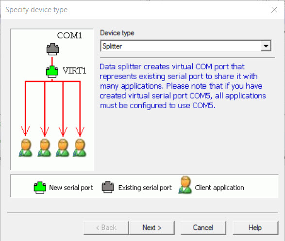 Specifying Splitter device type inside the VSP software.