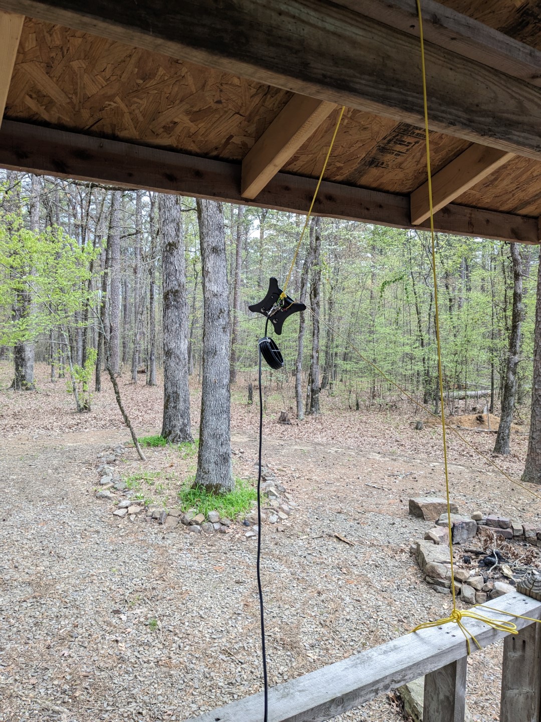 The end-fed half wave antenna, hanging from the rafters of the porch.