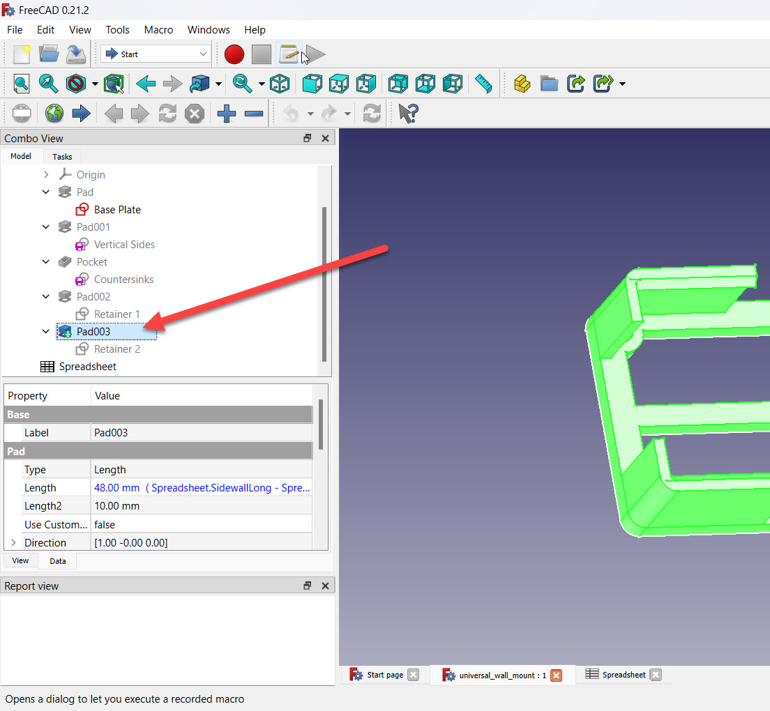 Exporting the STL model from FreeCAD, after selecting the final Pad003 operation.