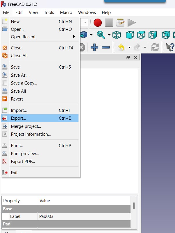 The FreeCAD File menu, showing the Export option.