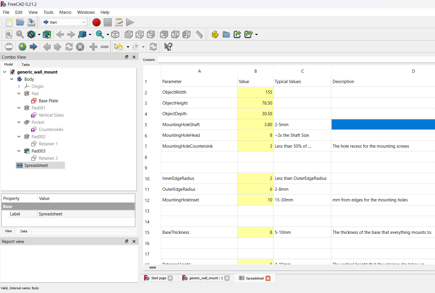 The spreadsheet interface inside of FreeCAD, adjusting the parameters of a new mount design.